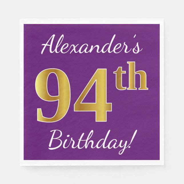 Purple, Faux Gold 94th Birthday + Custom Name Napkins (Front)