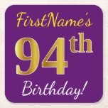 [ Thumbnail: Purple, Faux Gold 94th Birthday + Custom Name Paper Coaster ]