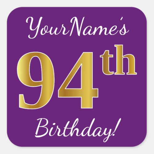 Purple Faux Gold 94th Birthday  Custom Name Square Sticker