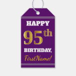 [ Thumbnail: Purple, Faux Gold 95th Birthday + Custom Name Gift Tags ]