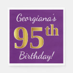 [ Thumbnail: Purple, Faux Gold 95th Birthday + Custom Name Paper Napkin ]