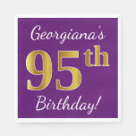 [ Thumbnail: Purple, Faux Gold 95th Birthday + Custom Name Napkins ]