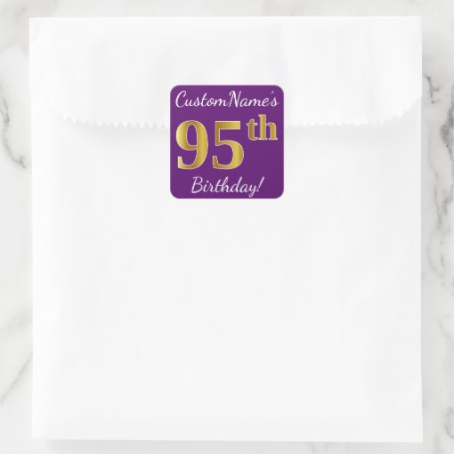 Purple, Faux Gold 95th Birthday + Custom Name Square Sticker Zazzle
