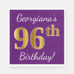 [ Thumbnail: Purple, Faux Gold 96th Birthday + Custom Name Napkins ]
