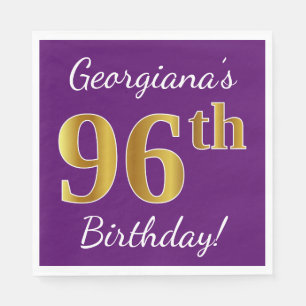 Purple, Faux Gold 96th Birthday + Custom Name Paper Napkins