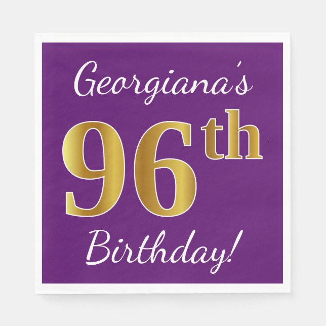 Purple, Faux Gold 96th Birthday + Custom Name Paper Napkins (Front)