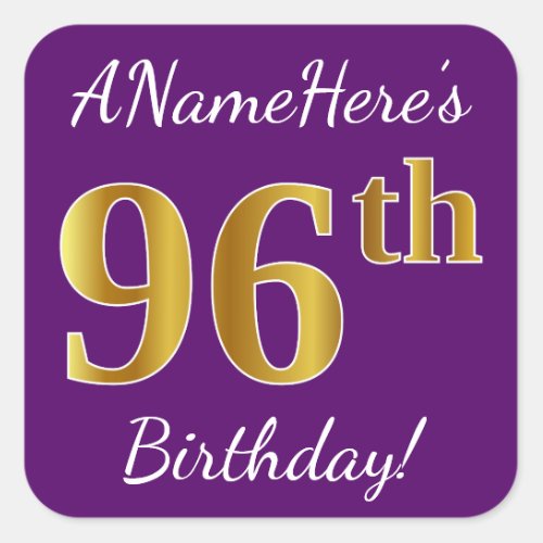 Purple Faux Gold 96th Birthday  Custom Name Square Sticker