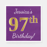 [ Thumbnail: Purple, Faux Gold 97th Birthday + Custom Name Paper Napkin ]