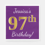 [ Thumbnail: Purple, Faux Gold 97th Birthday + Custom Name Napkins ]