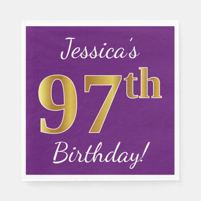 Purple, Faux Gold 97th Birthday + Custom Name Paper Napkins (Front)