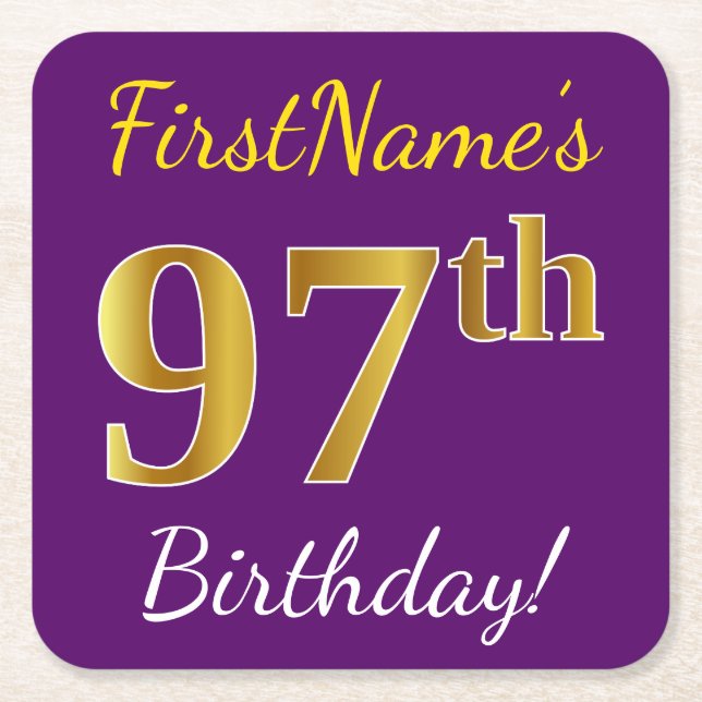 Purple, Faux Gold 97th Birthday + Custom Name Square Paper Coaster (Front)