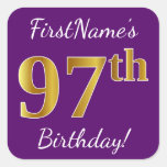 [ Thumbnail: Purple, Faux Gold 97th Birthday + Custom Name Sticker ]
