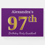 [ Thumbnail: Purple, Faux Gold 97th Birthday Party; Custom Name Guest Book ]