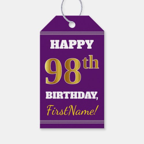 Purple Faux Gold 98th Birthday  Custom Name Gift Tags