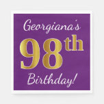 [ Thumbnail: Purple, Faux Gold 98th Birthday + Custom Name Napkins ]
