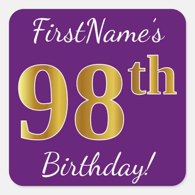 Purple, Faux Gold 98th Birthday + Custom Name Square Sticker (Front)