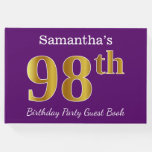[ Thumbnail: Purple, Faux Gold 98th Birthday Party; Custom Name Guest Book ]