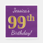 [ Thumbnail: Purple, Faux Gold 99th Birthday + Custom Name Napkins ]