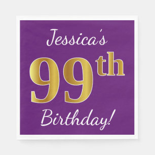 Purple, Faux Gold 99th Birthday + Custom Name Napkins