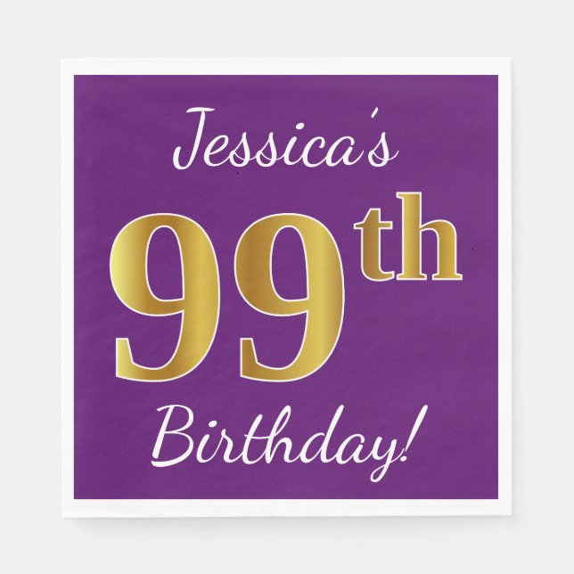 Purple, Faux Gold 99th Birthday + Custom Name Napkins (Front)