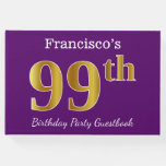 [ Thumbnail: Purple, Faux Gold 99th Birthday Party; Custom Name Guest Book ]