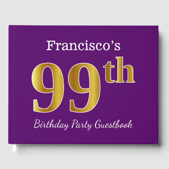 Purple, Faux Gold 99th Birthday Party; Custom Name Guest Book (Front)