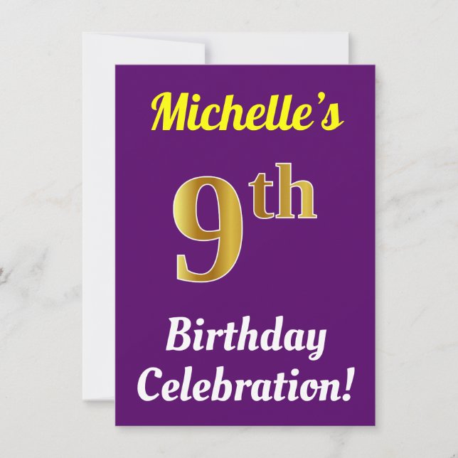 Purple, Faux Gold 9th Birthday Celebration + Name Invitation (Front)