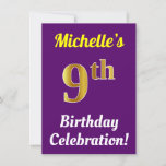 [ Thumbnail: Purple, Faux Gold 9th Birthday Celebration + Name Invitation ]