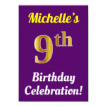 [ Thumbnail: Purple, Faux Gold 9th Birthday Celebration + Name Invitation ]