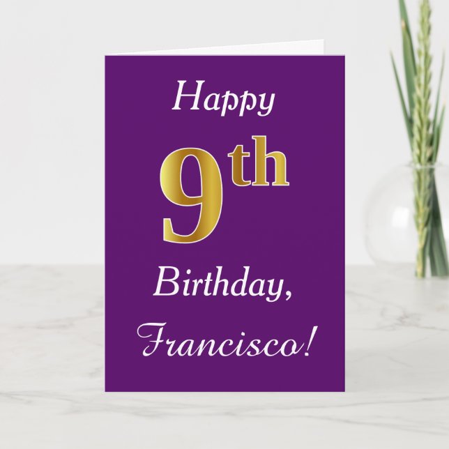 Purple, Faux Gold 9th Birthday + Custom Name Card (Front)
