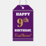 [ Thumbnail: Purple, Faux Gold 9th Birthday + Custom Name Gift Tags ]