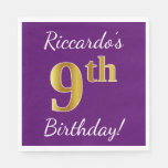 [ Thumbnail: Purple, Faux Gold 9th Birthday + Custom Name Napkins ]