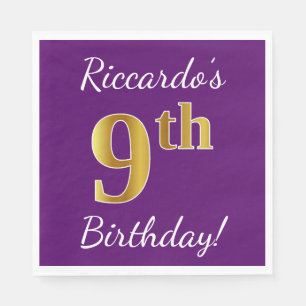 Purple, Faux Gold 9th Birthday + Custom Name Napkins