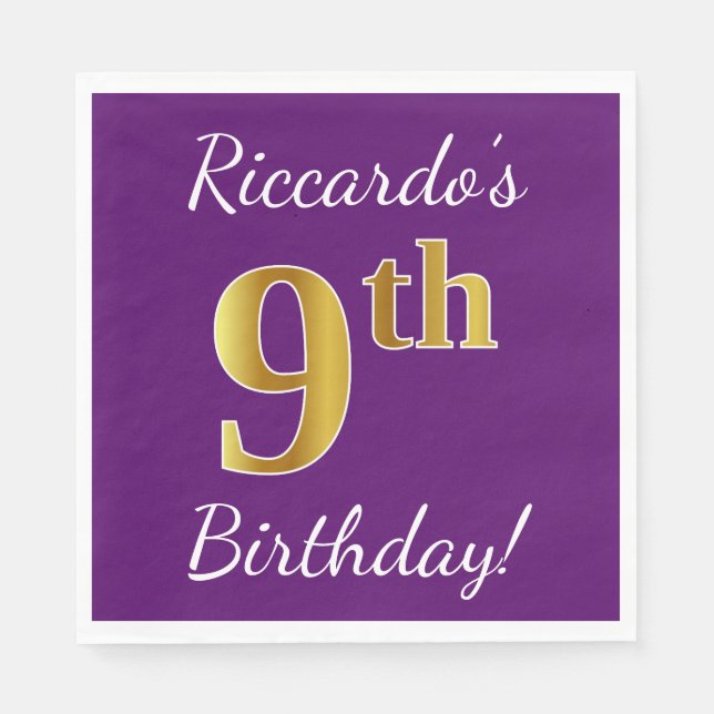 Purple, Faux Gold 9th Birthday + Custom Name Napkins (Front)