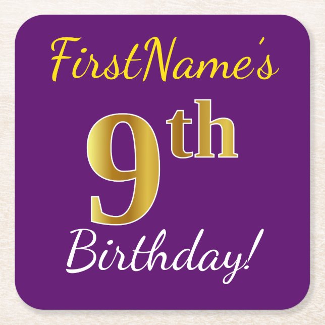 Purple, Faux Gold 9th Birthday + Custom Name Square Paper Coaster (Front)