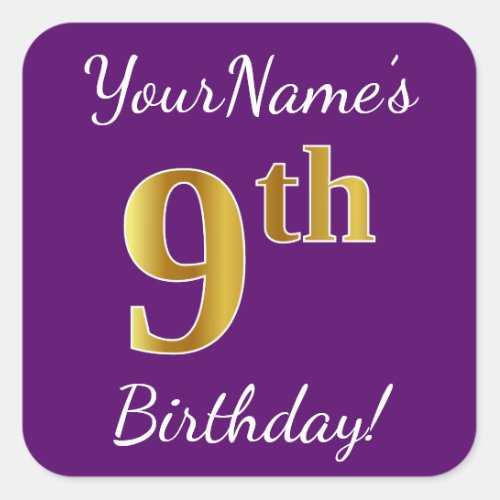 Purple Faux Gold 9th Birthday  Custom Name Square Sticker