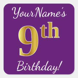 Purple, Faux Gold 9th Birthday + Custom Name Square Sticker