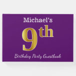 [ Thumbnail: Purple, Faux Gold 9th Birthday Party + Custom Name Guest Book ]