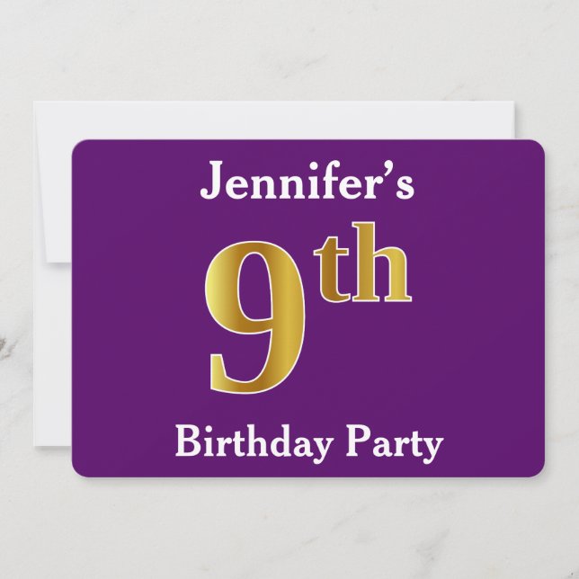 Purple, Faux Gold 9th Birthday Party + Custom Name Invitation (Front)