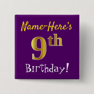 Purple, Faux Gold 9th Birthday, With Custom Name Button