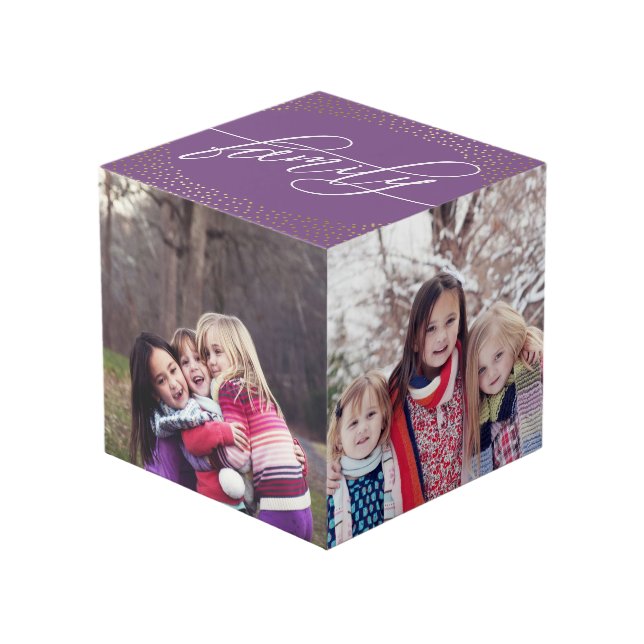 Purple & Faux Gold Confetti - Family Photos Cube (Front Angled)