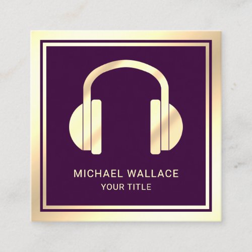 Purple Faux Gold Foil Headphones Music DJ Square Business Card