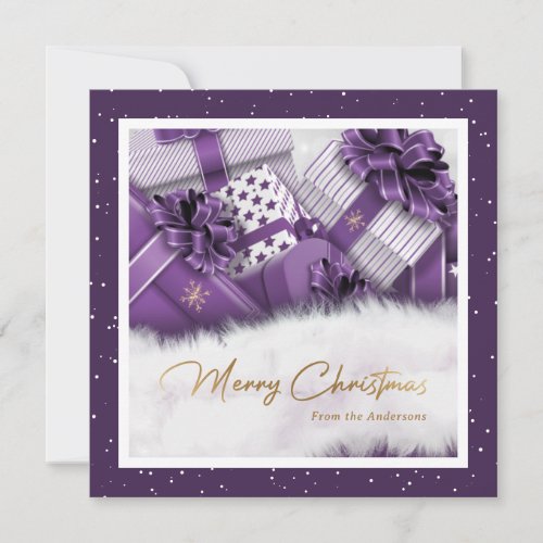 Purple Faux Gold Foil Snow Gifts Christmas Cards