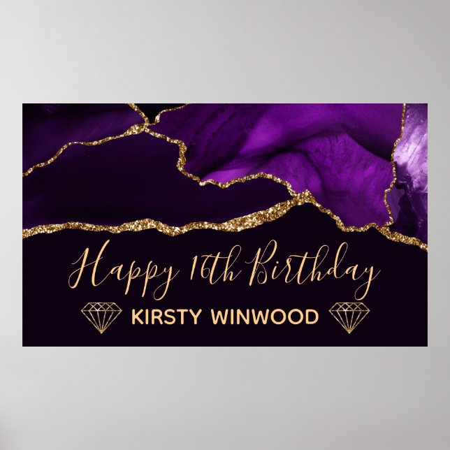 Purple & Faux Gold Glitter Agate Sweet 16 Poster (Front)