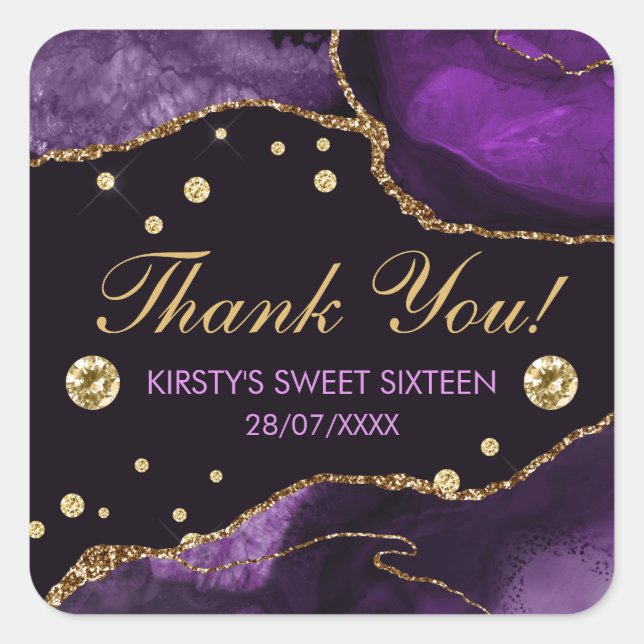 Purple & Faux Gold Glitter Agate Sweet 16 Square Sticker (Front)