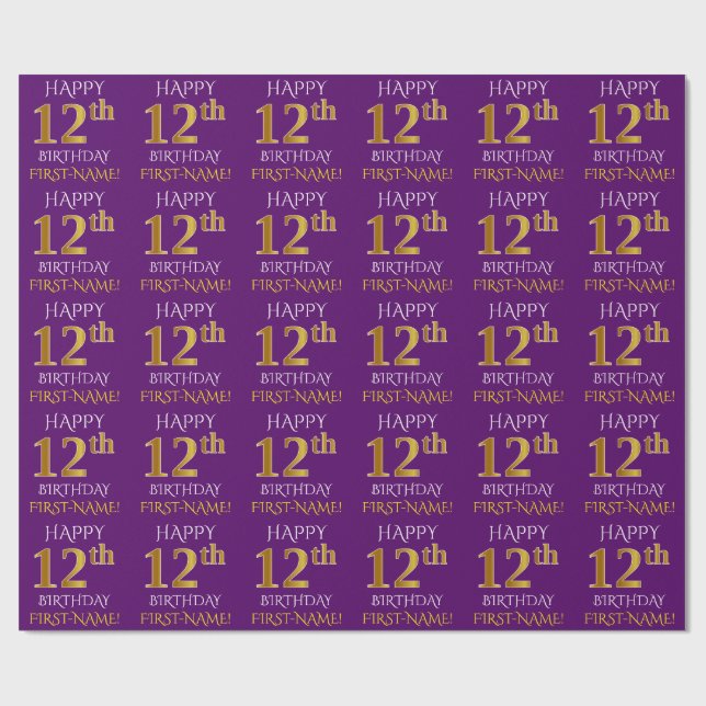 Purple, Faux Gold "HAPPY 12th BIRTHDAY" Wrapping Paper (Flat)