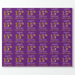 [ Thumbnail: Purple, Faux Gold "Happy 15th Birthday" Wrapping Paper ]