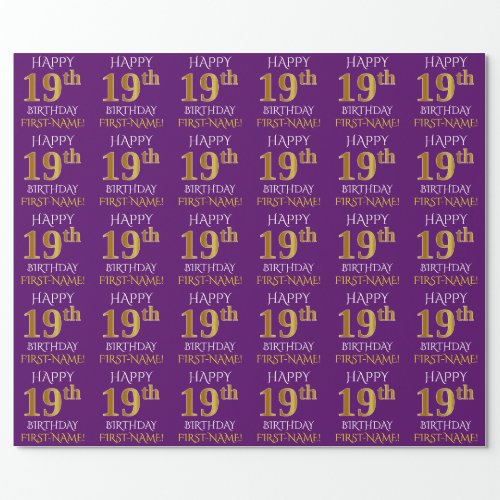 Purple Faux Gold HAPPY 19th BIRTHDAY Wrapping Paper