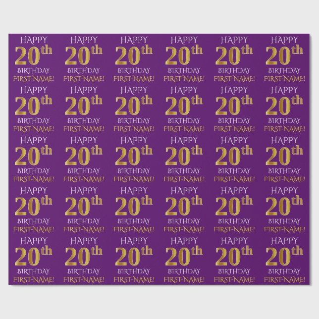 Purple, Faux Gold "HAPPY 20th BIRTHDAY" Wrapping Paper (Flat)