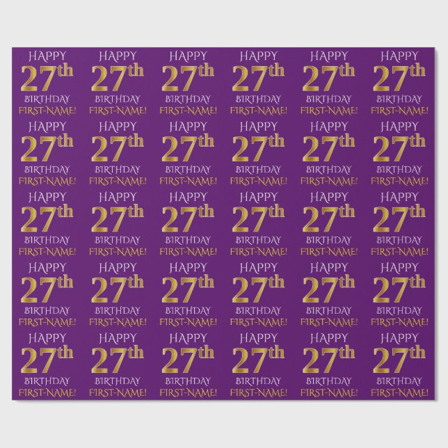 Purple, Faux Gold "HAPPY 27th BIRTHDAY" Wrapping Paper (Flat)